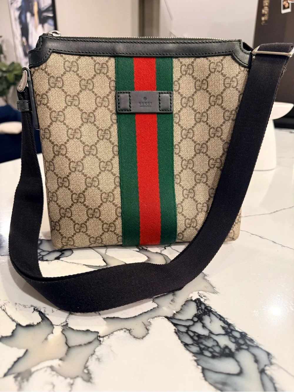 Gucci Beige GG Canvas Messenger Bag with Green and Red Web Stripe